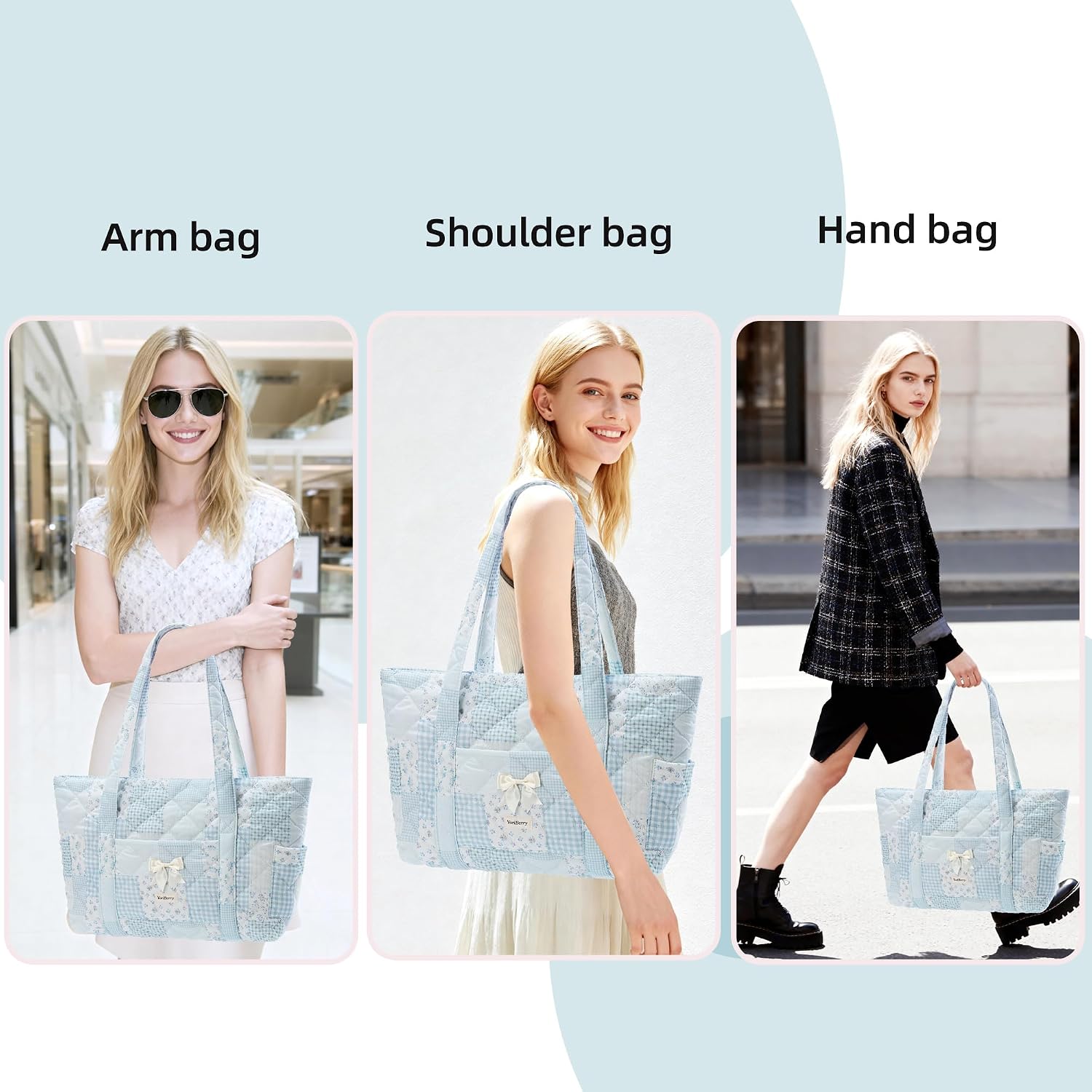Quilted Tote Bag for Women, Quilted Floral Tote Bags with Zipper, Cute Bow Cotton Patchwork Shoulder bag for Daily