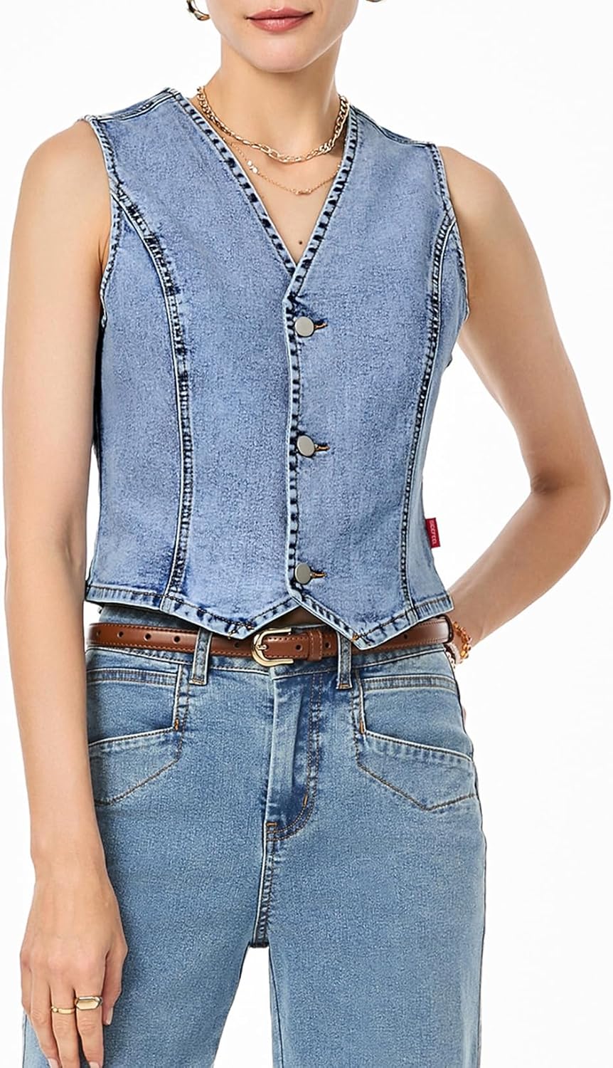 Sidefeel Women's Denim Vest Sleeveless V Neck Zimbaplatinum Jean Vest Top Button Down Crop Waistcoat Vest Summer Outfit - Image 4