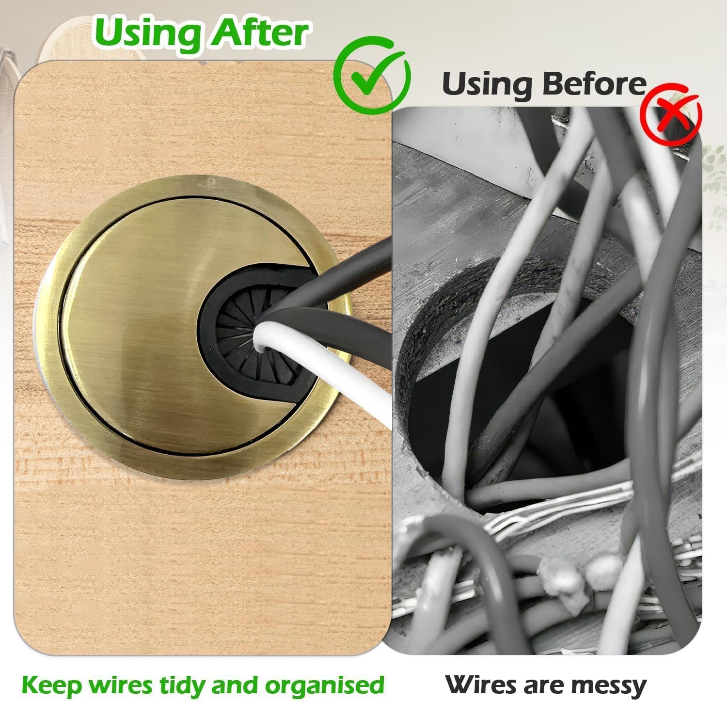 2 Pack 60mm Desk Cable Grommet Cover, One-Piece Molded Construction Cable Heavy Duty Zinc Alloy Hole Organizer with Adjustable Center Cable Hole for Office Computer Desk Worktops (Gold)