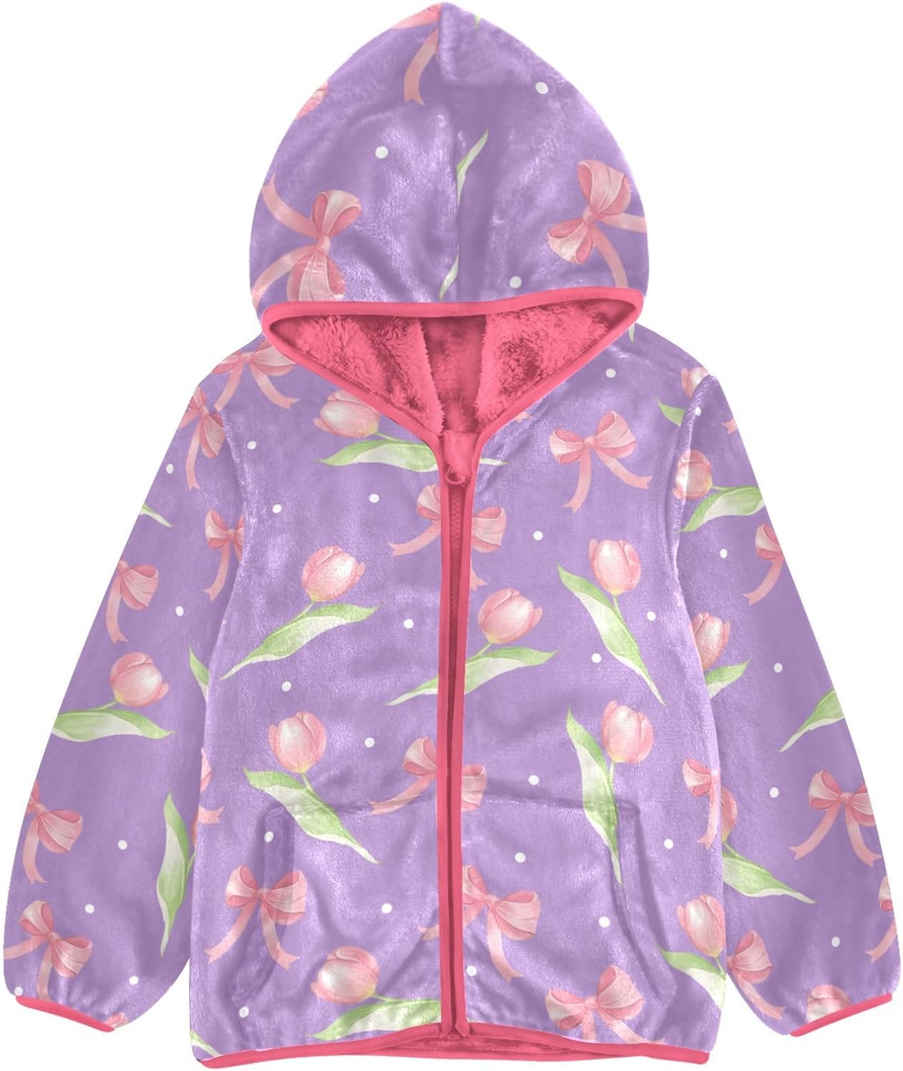 Girls Hoodie Outfit Pink Bow Tulip Flower Purple Pattern Zipper Sweatshirt Coat Fleece Jacket for Kids 3-10T