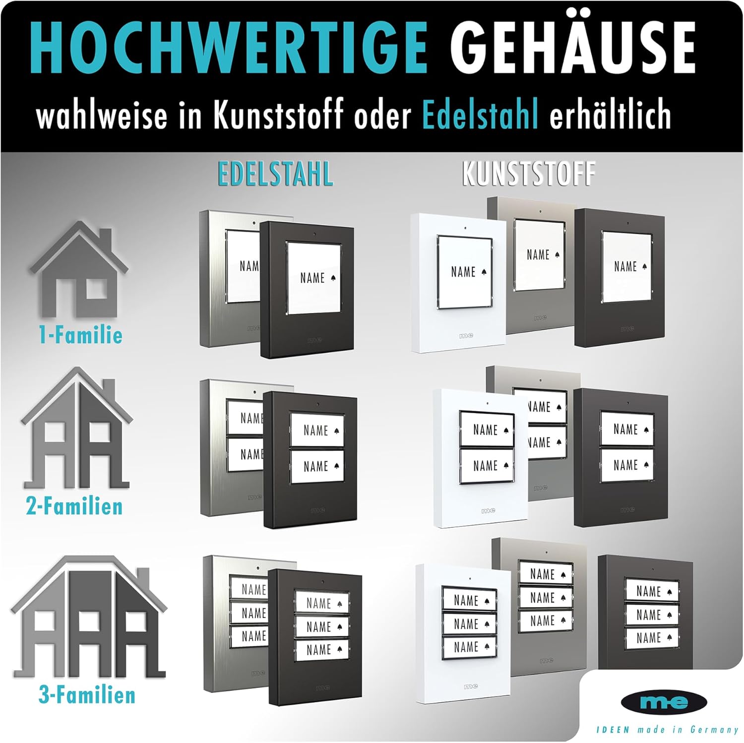 m-e Bell Push KTF-3 W for 3 Family House, Doorbell Push with Automatic Lighting, High-Quality Plastic Housing in White, Front Doorbell with Name Plate, Surface-Mounted Doorbell in Anthracite