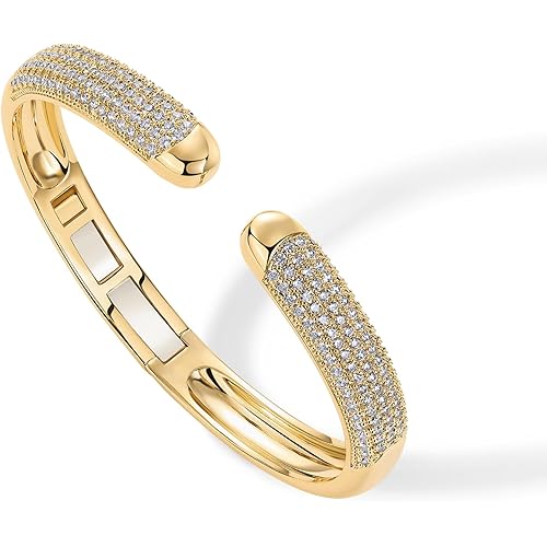 PAVOI 14k Gold Plated Cuff Bracelets | CZ Cuff Gold Bracelets for Women with Premium Pave Setting | Waterproof Hypoallergenic Jewelry | Trendy Elegant Style | 7-Inch Bangle Design