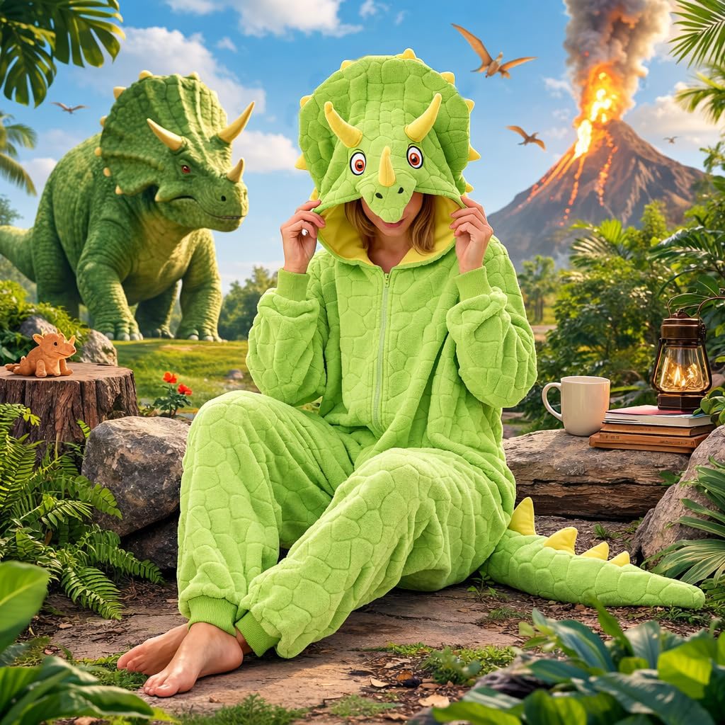 Triceratops Onesie Pajamas for Adults Halloween Dinosaur Costume Animal Cosplay One -Piece for Party