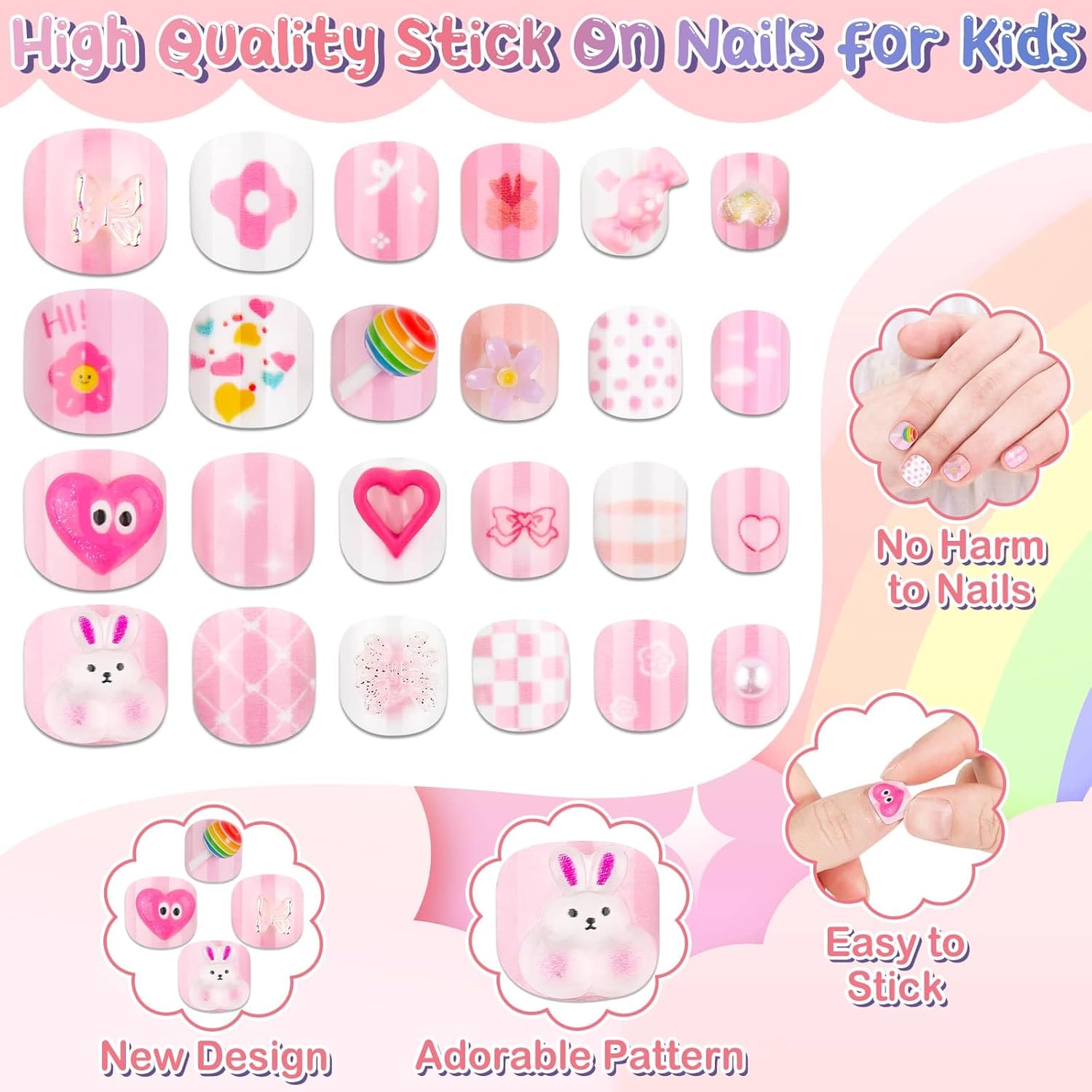 Mini Press on Nails Short, Thrilez Fake Short Nails Stick ons Cute 3D Acrylic Nail Set for Gifts