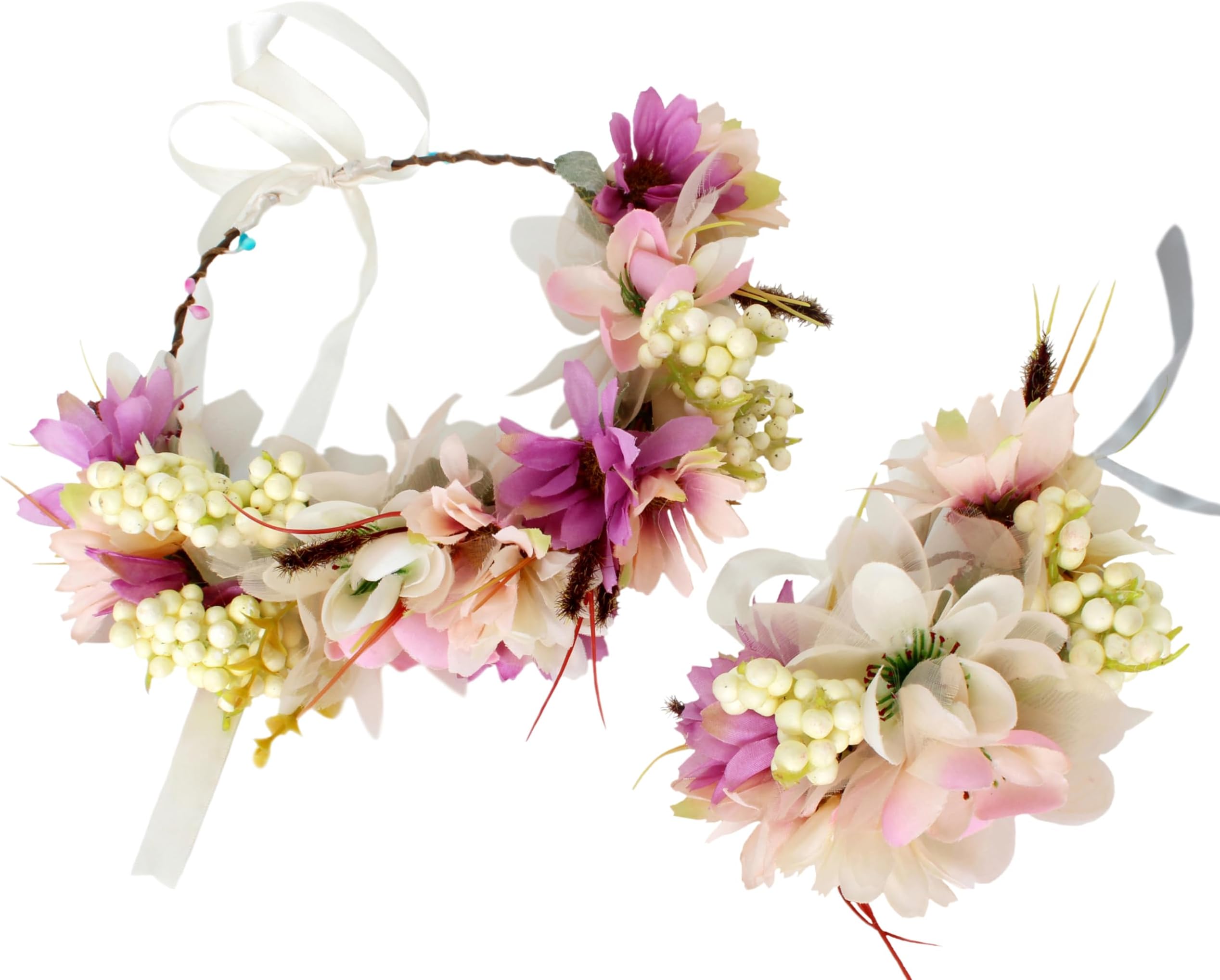 BrikuinrFlower Crowns Women Bridal Floral Headband Hair Wreath Flower Halo Floral Headpiece Boho with Ribbon Wedding Party Festival