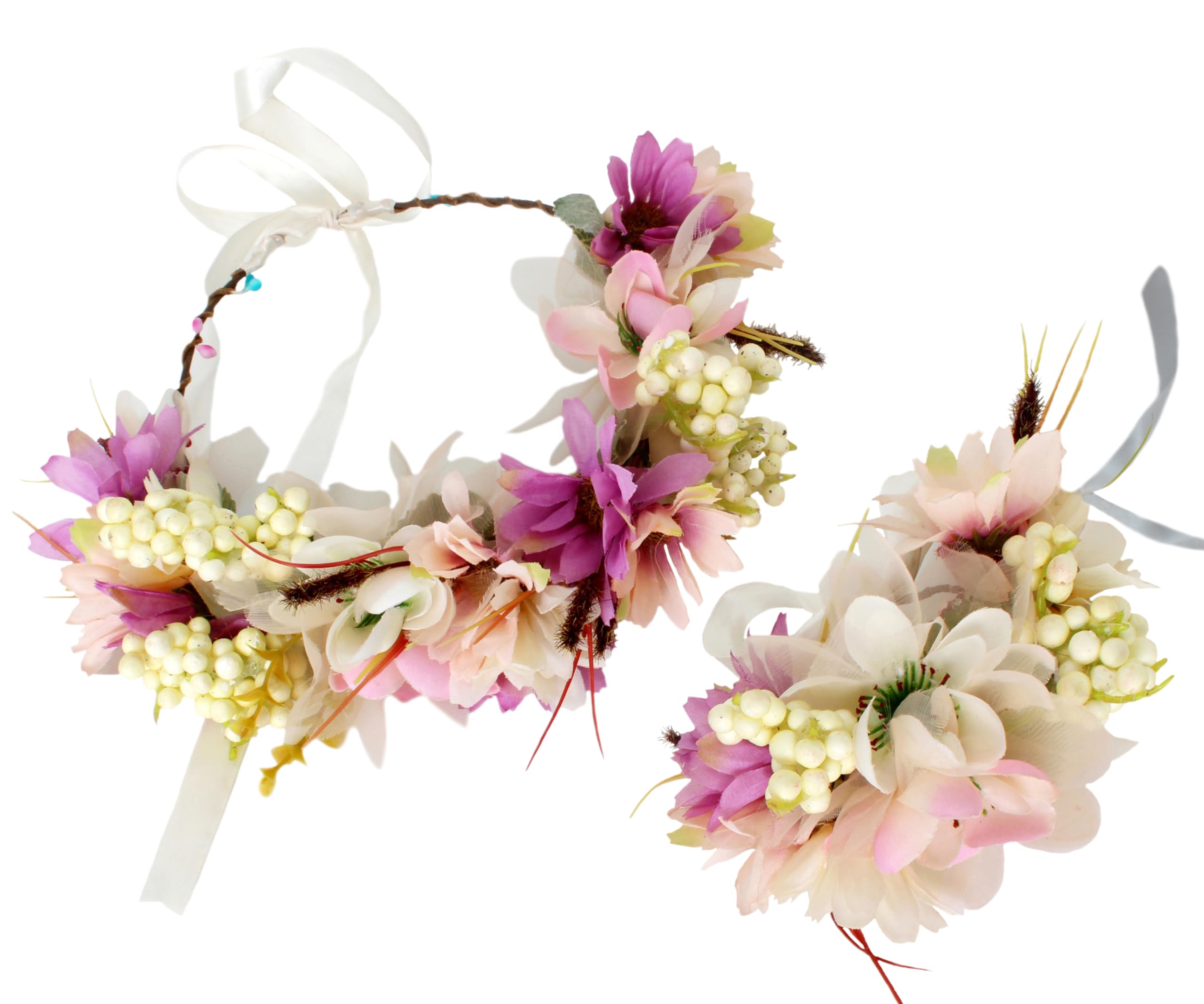 BrikuinrFlower Crowns Women Bridal Floral Headband Hair Wreath Flower Halo Floral Headpiece Boho with Ribbon Wedding Party Festival