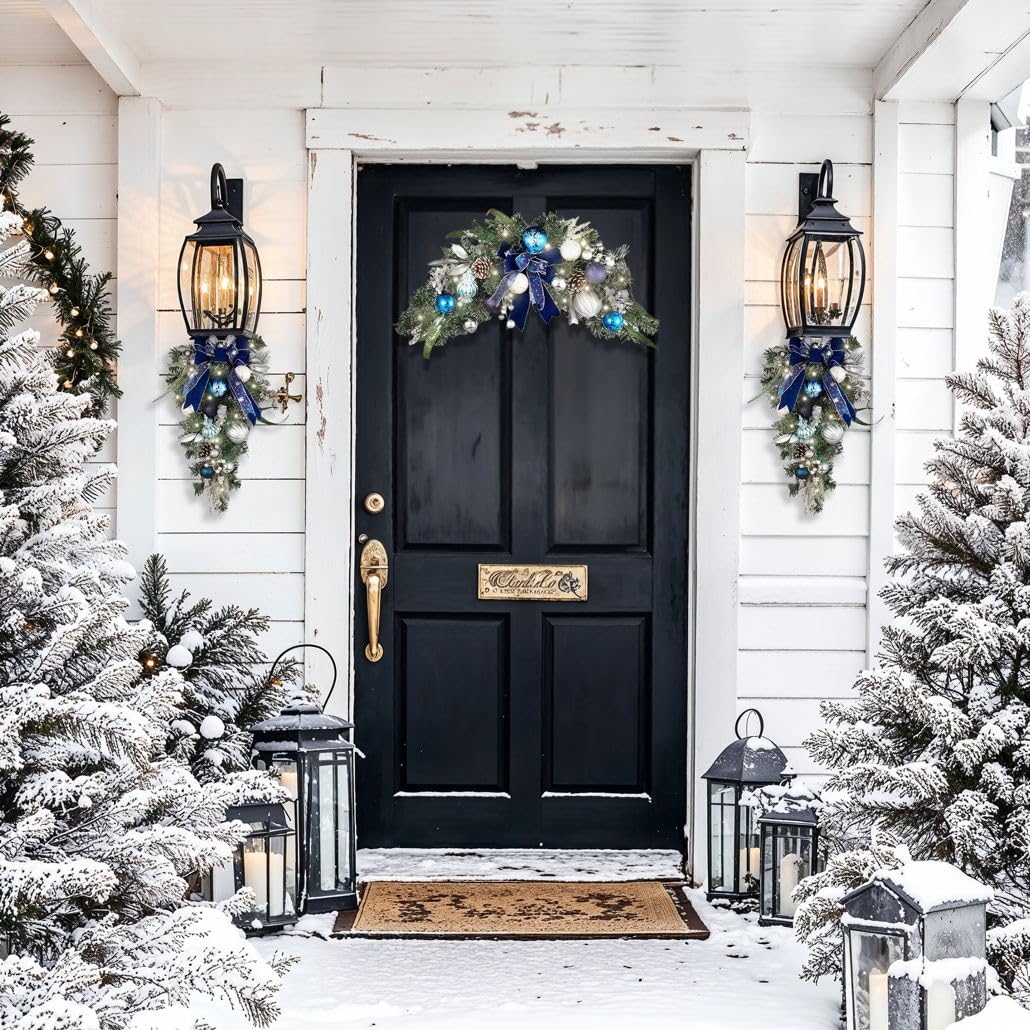 Valery Madelyn Pre-Lit Christmas Swag for Decorating Outdoor, 24 Inch Silver Blue Mailbox Swag Decoration Teardrop with 20 LED Lights, Ball Ornaments for Front Door Stairway Window Shelf Xmas Decor