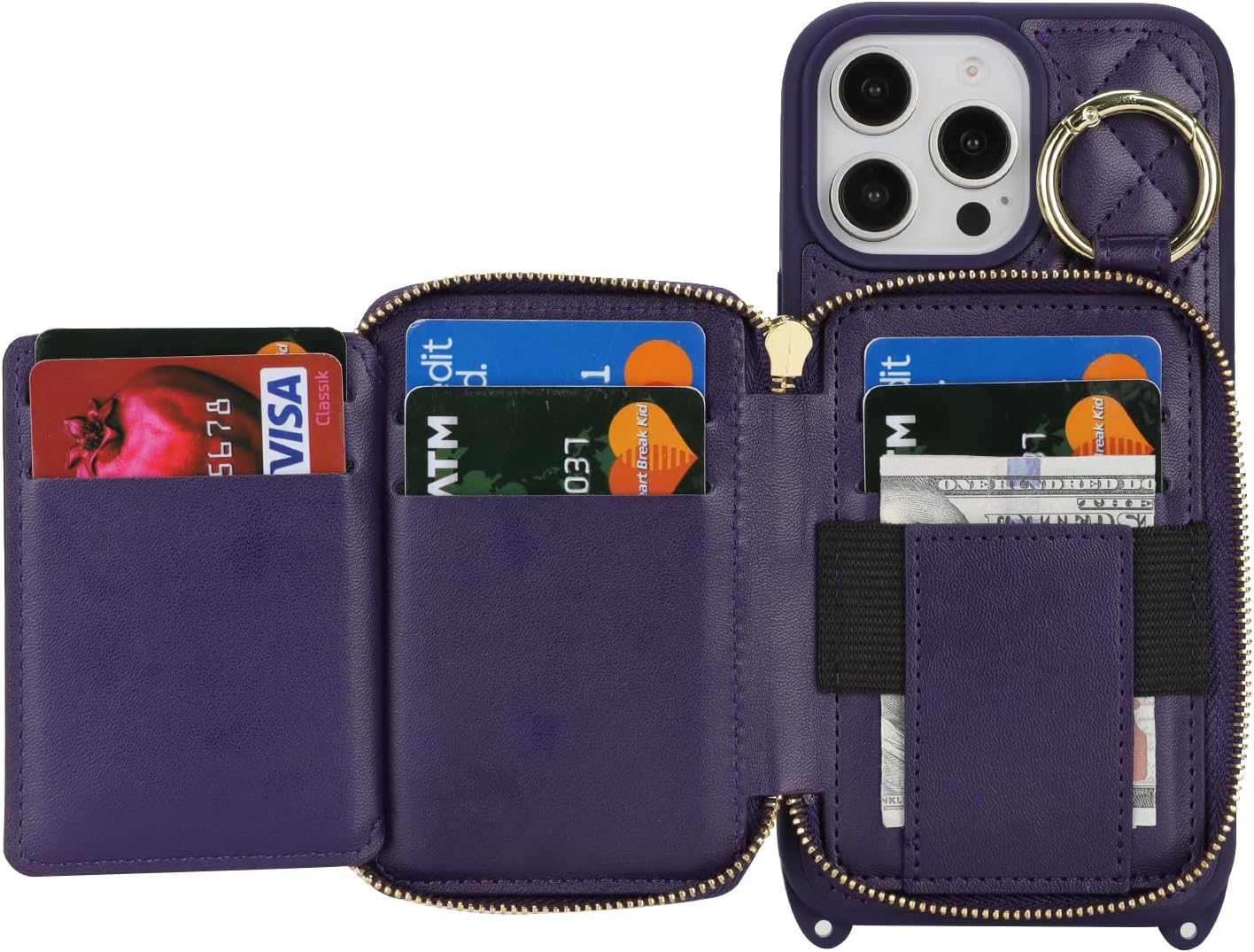 Crossbody Wallet Case for iPhone 16 Pro Max, PU Leather Zipper Handbag Purse Flip Cover, Kickstand Folio Case with Card Slots Holder Wrist Strap Lanyard 5G 6.9 Inch-Purple