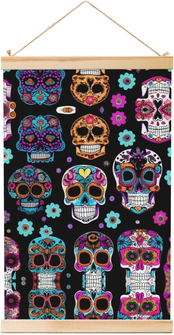 Sugar Skull Print Poster Hanger,Hanging Poster, Poster Frame,Wood Poster Hanger, For Wall Hanging