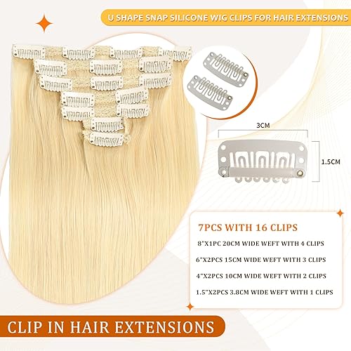 Miniatura 3 de Extensiones de cabello humano real #613 con pinzas, 24 pulgadas, 3.53 onzas, 7 unidades, extensiones Remy sin costuras, trama de piel de encaje