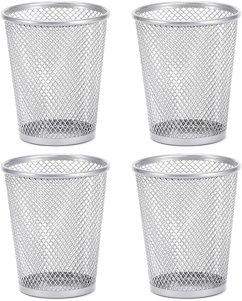 Surakey Wire Mesh Pencil Holder Metal Pen Cup Desk Pen Organizer Case Stationery Pencil Storage Jar Black for Office Home Study Room Library School and Bookstore, 4 Packs (Silver)