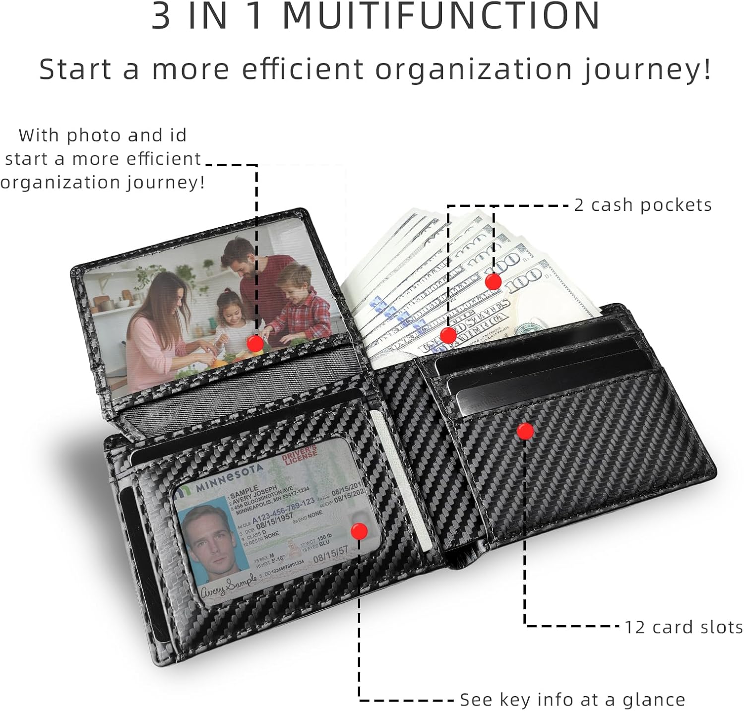 Wallet for Men:Slim Bifold Mens Wallet,RFID Blocking,Minimalist Mans Wallets,2 ID Windows,12 Card Holders 2 Cash Pockets,Fit Front Pocket,Mens Gift with Box (Black Carbon Fiber) - Image 2