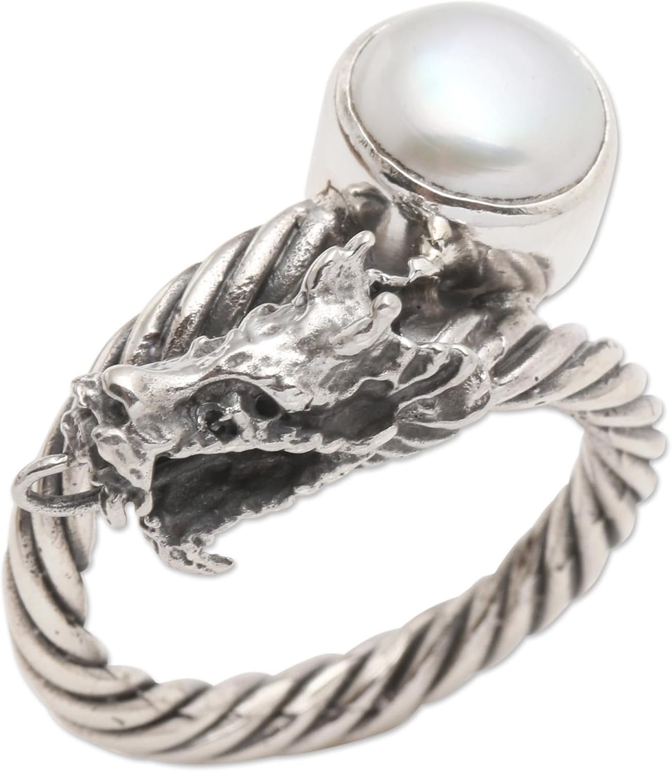 NOVICA Artisan Handmade Cultured Freshwater Pearl Cocktail Ring .925 Sterling Silver Serpent Single Stone Indonesia Animal Themed Birthstone Gemstone Dragon 'Naga Basuki'