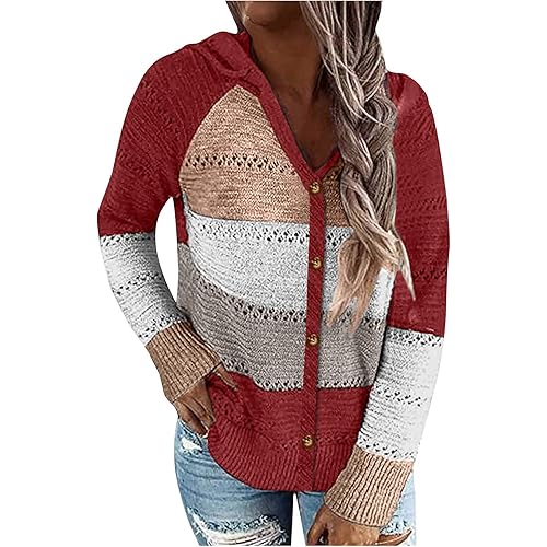 Fudule Women's Pullover Sweaters,Lightweight V Neck Pullover Color Block Hoodie Striped Hollow Out Sweater Knit Blouse