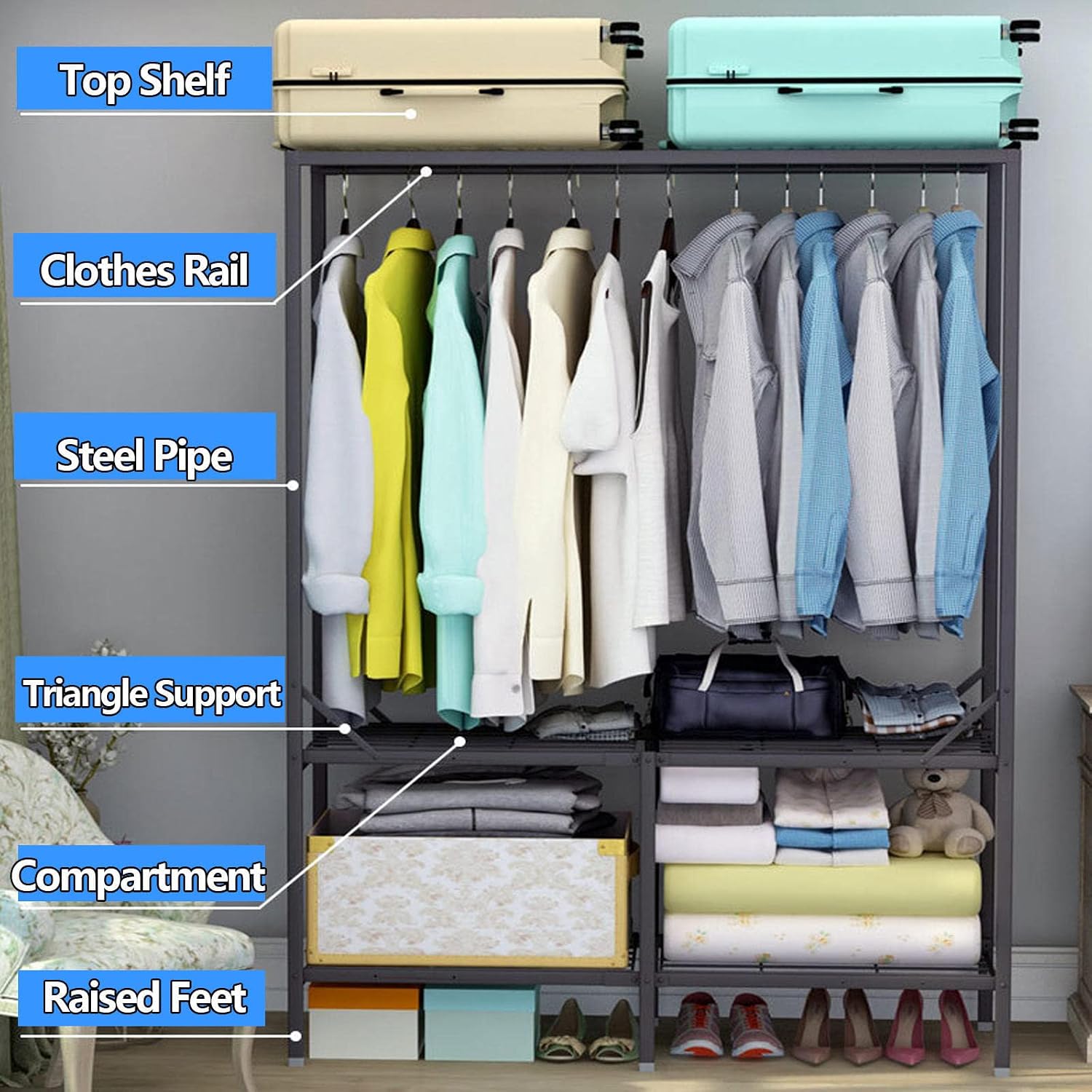 Canvas Wardrobe, Portable Wardrobe Shelves with Hanging Rail, Fabric Cover, Foldable Fabric Closet Storage Organizer for Bedroom, Easy to Assemble,A-110x45x167cm