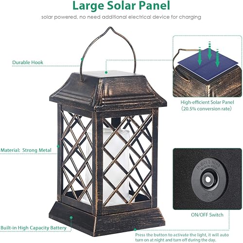 Miniatura 10 de TomCare Luces solares para exteriores, farol solar de metal con llama parpadeante, faroles decorativos para colgar al aire libre, resistentes al