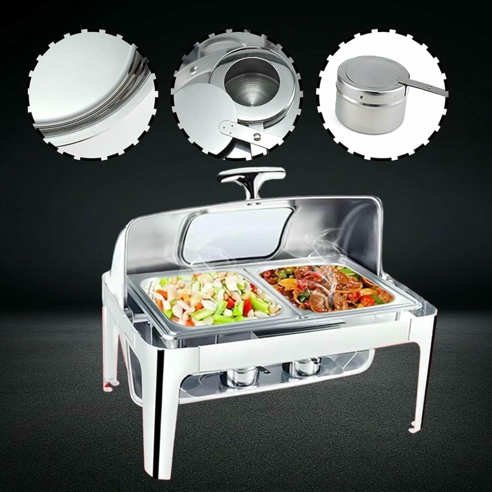 Juego de plato para calentar alimentos, juego de cinco piezas con bandeja para comida y agua, soporte, tapa y quemador, rectangular, con visor para cafetería, con aislamiento térmico y térmico, 9 l
