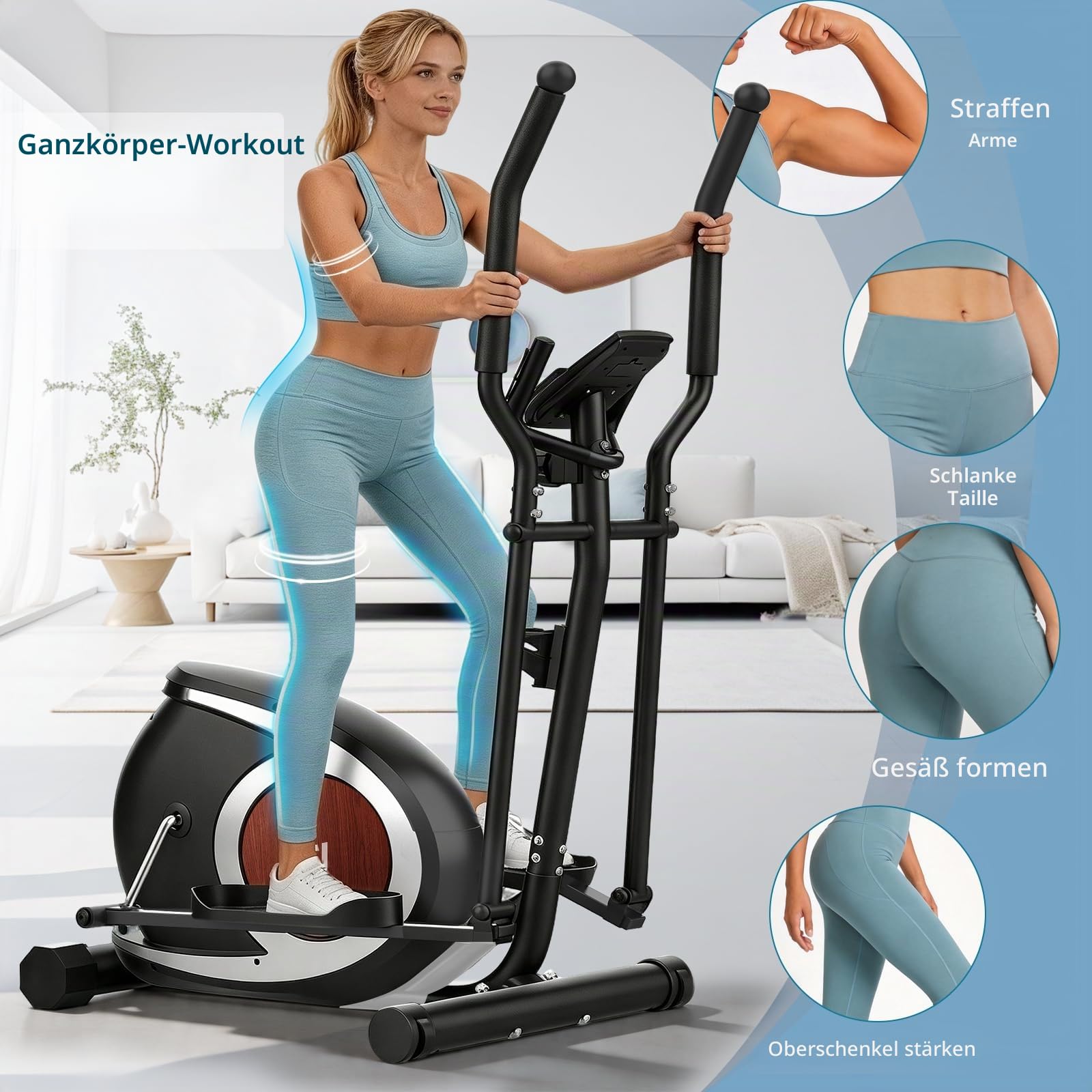 YONISEE Crosstrainer für Zuhause, Leiser Ellipsentrainer mit 16-stufigem Magnetwiderstand, LCD-Display und Bluetooth‑App‑Kompatibilität, Ganzkörper-Fitnessgerät für Heimtraining, Bis 130 kg