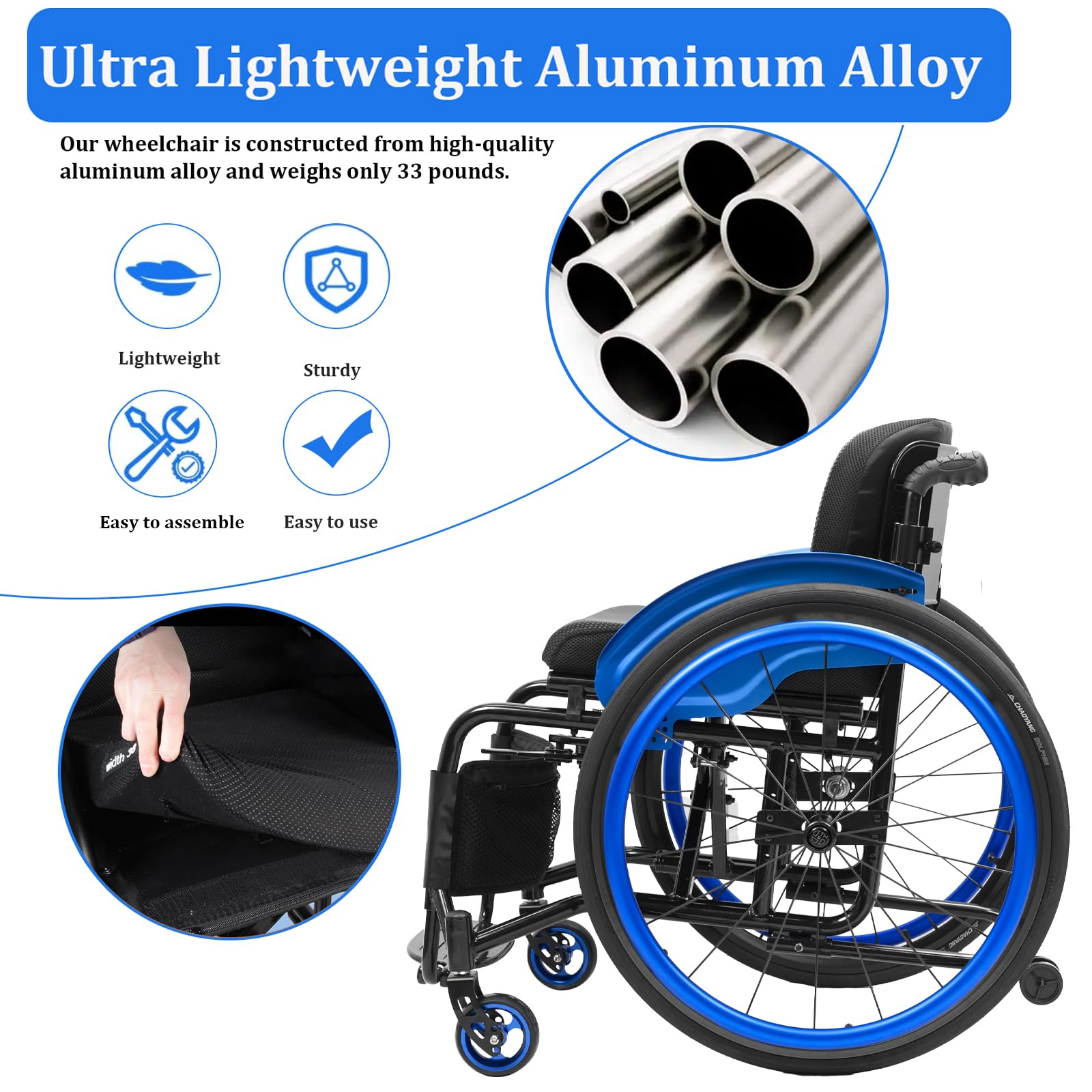 Silla de Ruedas Plegable autopropulsable, portátil, Aluminio, Silla de Ruedas de Viaje Ultraligera, con Freno de Mano, reposapiés abatible (44cm/17.3in Seat,Red)