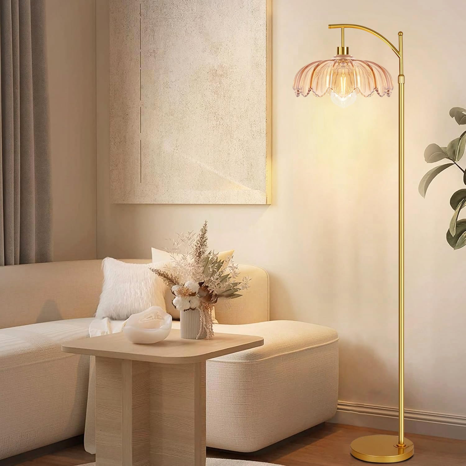 AHDWDW Gold Arc Floor Lamp for Living Room Bedroom,Adjustable Unique Modern Floor Lamps with Remote,Vintage Glass Standing Lamp with Dimmable Bulb,Bright Flower Brass Tall Lamp for Corner Office
