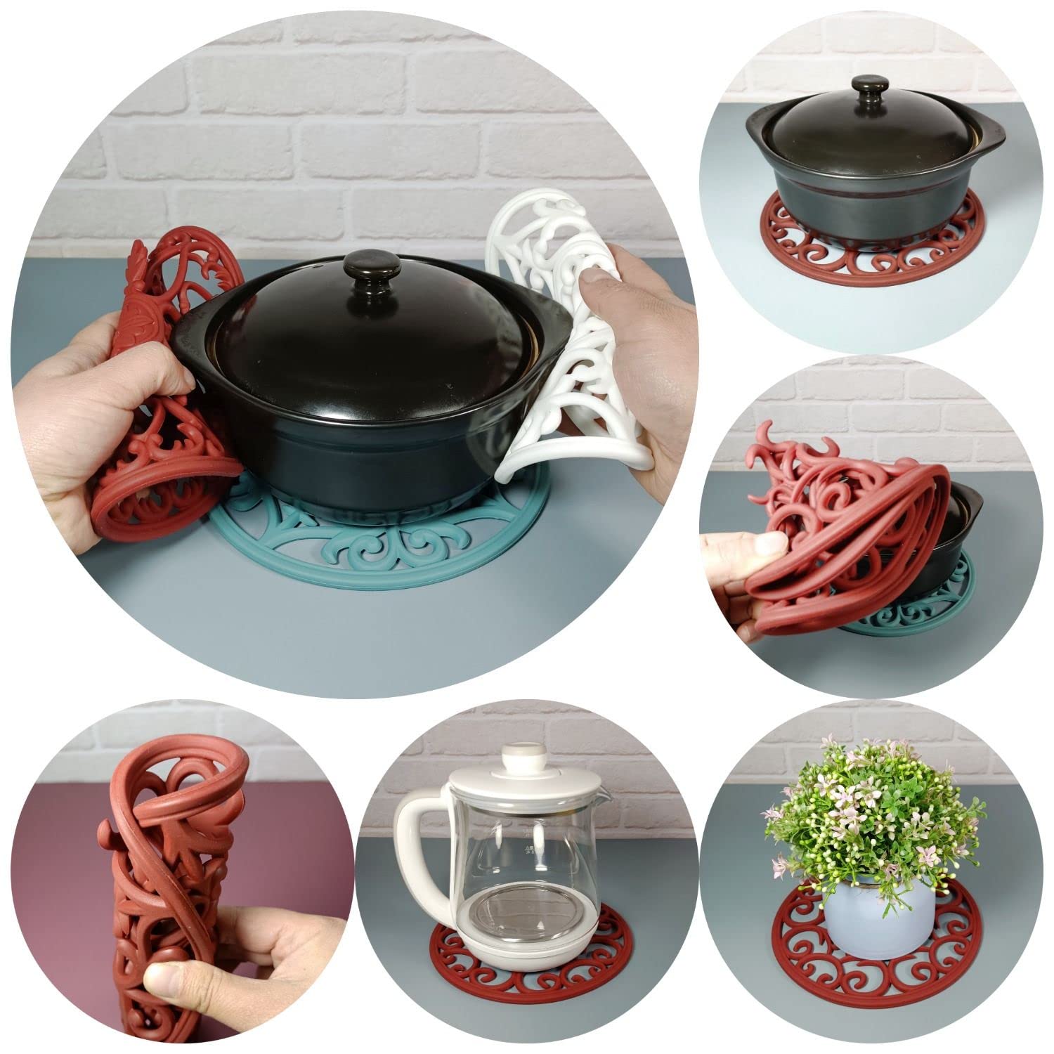 Sottopentola in silicone, antiscivolo, resistente al calore, moderno, antiscivolo, rotondo, multiuso, 6 pezzi, colore: rosso vino