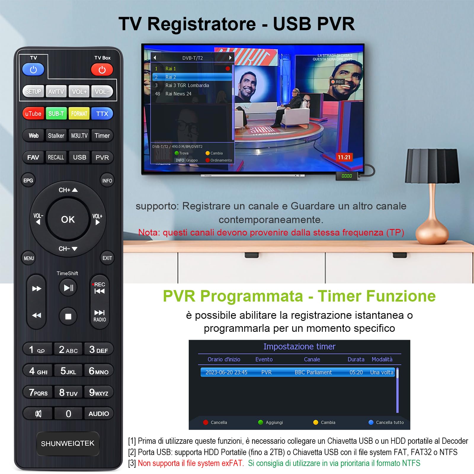 Decoder Digitale Terrestre 2025, H265 HEVC 10Bit Decodifica Fino a 1080P e 128MB RAM Offre Visiva Più Fluida, SHUNWEIQTEK Mini Decoder DVB-T2 Sintonizzazione Automatica, LCN USB PVR Telecomando 2in1