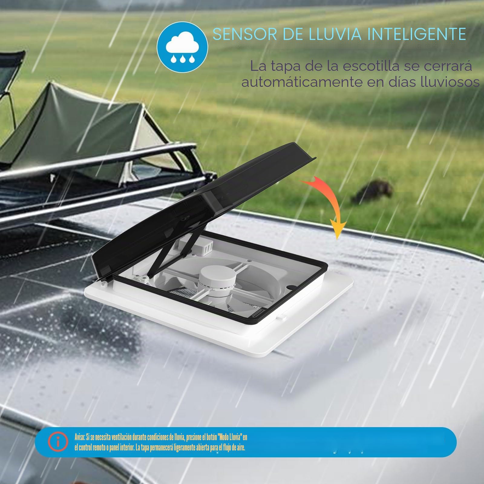 2012 Ventilador de ventilación de techo para caravanas, Nivel de ruido ultrabajo de escape reversible con sensor de lluvia, ventilador permanente de nivel automático para autocaravana camper