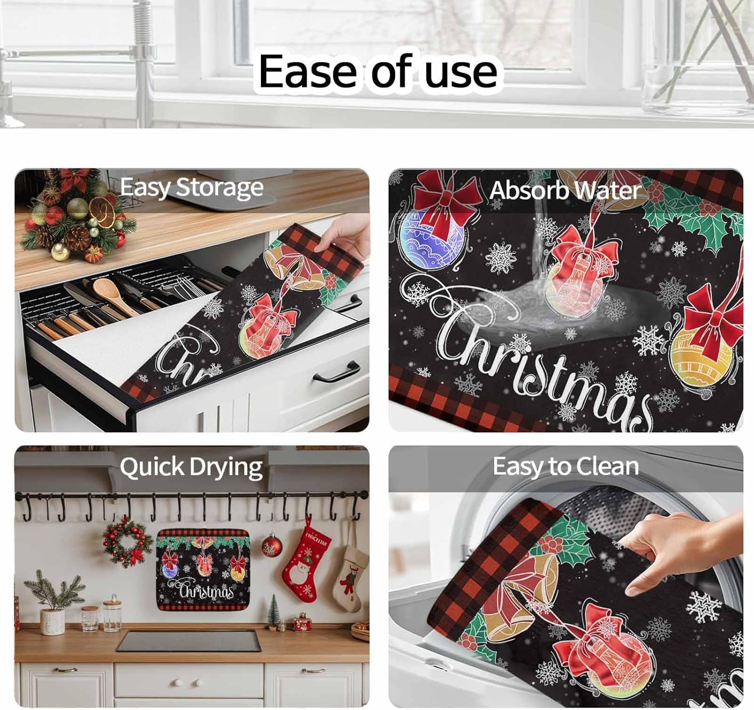 Christmas Winter Snowflake Ball Dish Drying Mats for Kitchen Counter,Absorbent Microfiber Dish Drainer Rack Mat Farm Holly Berry on Black and Buffalo Drying Pad for Sinks,Utensils,Countertops,18x24in