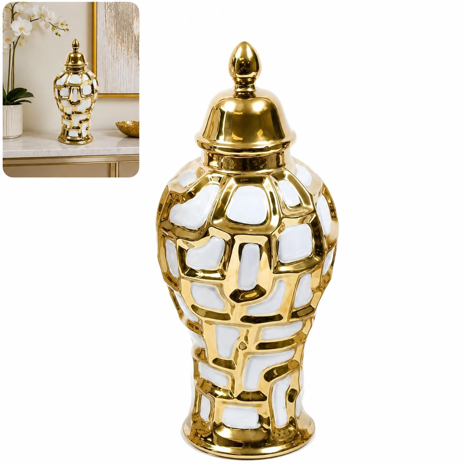 Ceramic Ginger Jar Vase With Lid, Porcelain Temple Jars Centerpiece Floral (yellow,14 * 23cm)
