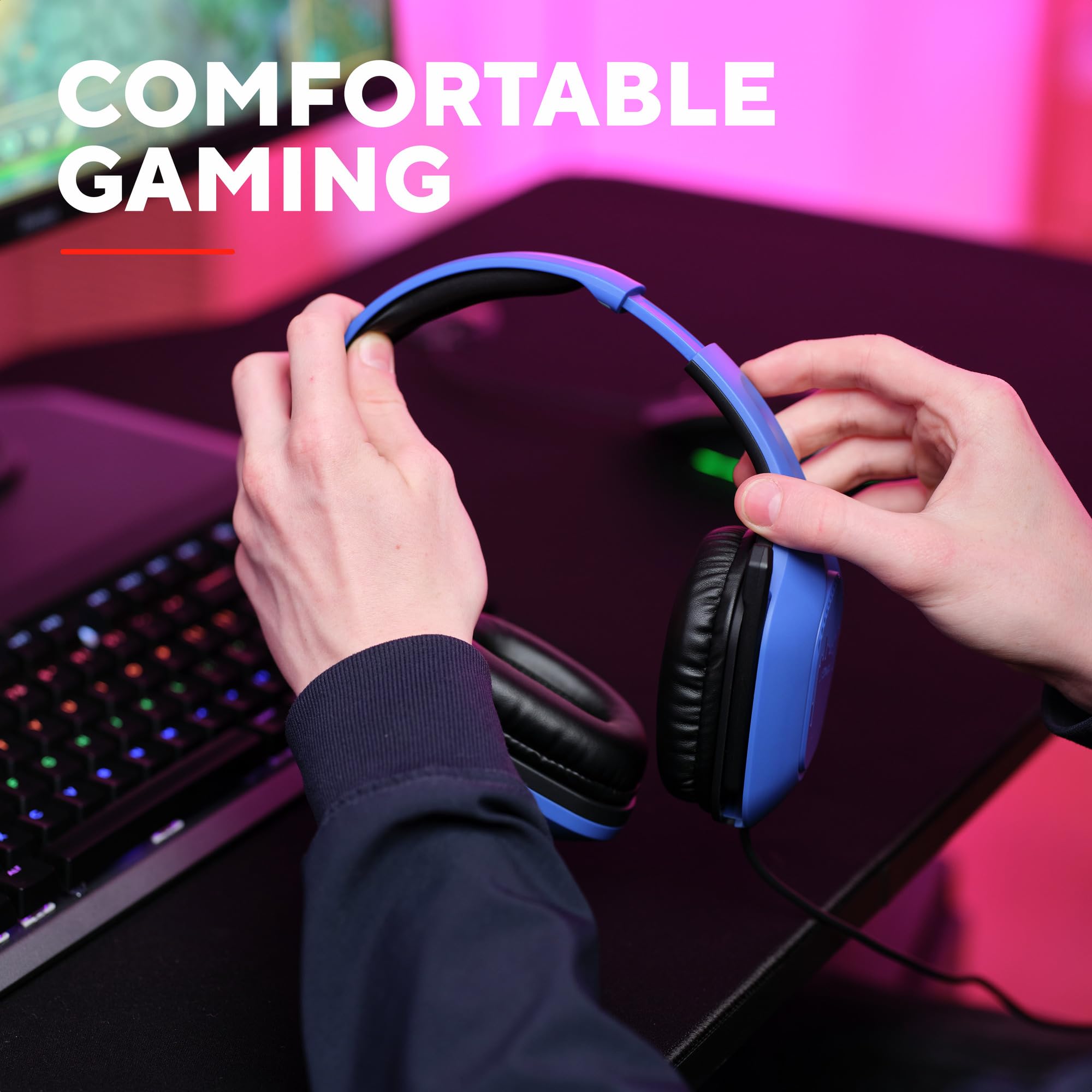 GXTrust Rayne lekkie słuchawki gamingowe PC Xbox PS5 Switch, niebieskie | 3.5 mm, kabel 200 cm, przetworniki 50 mm, odchylany mikrofon, przewodowy zestaw słuchawkowy wokółuszny