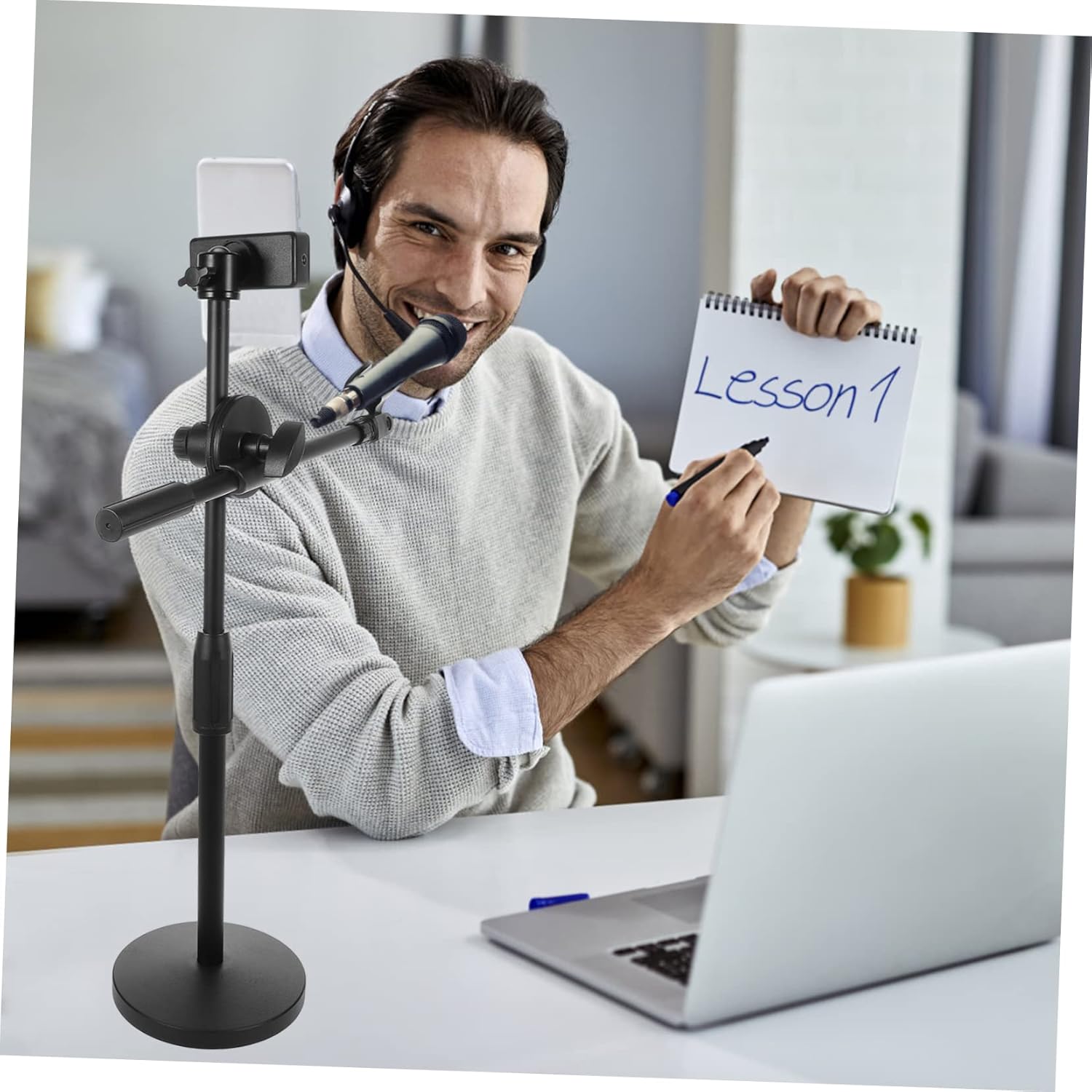 TOYANDONA Mic Stand Phone Holder Adjustable Desktop Microphone Stand for Streaming and Recording Design Rotation Compatible Microphones and Phone Models