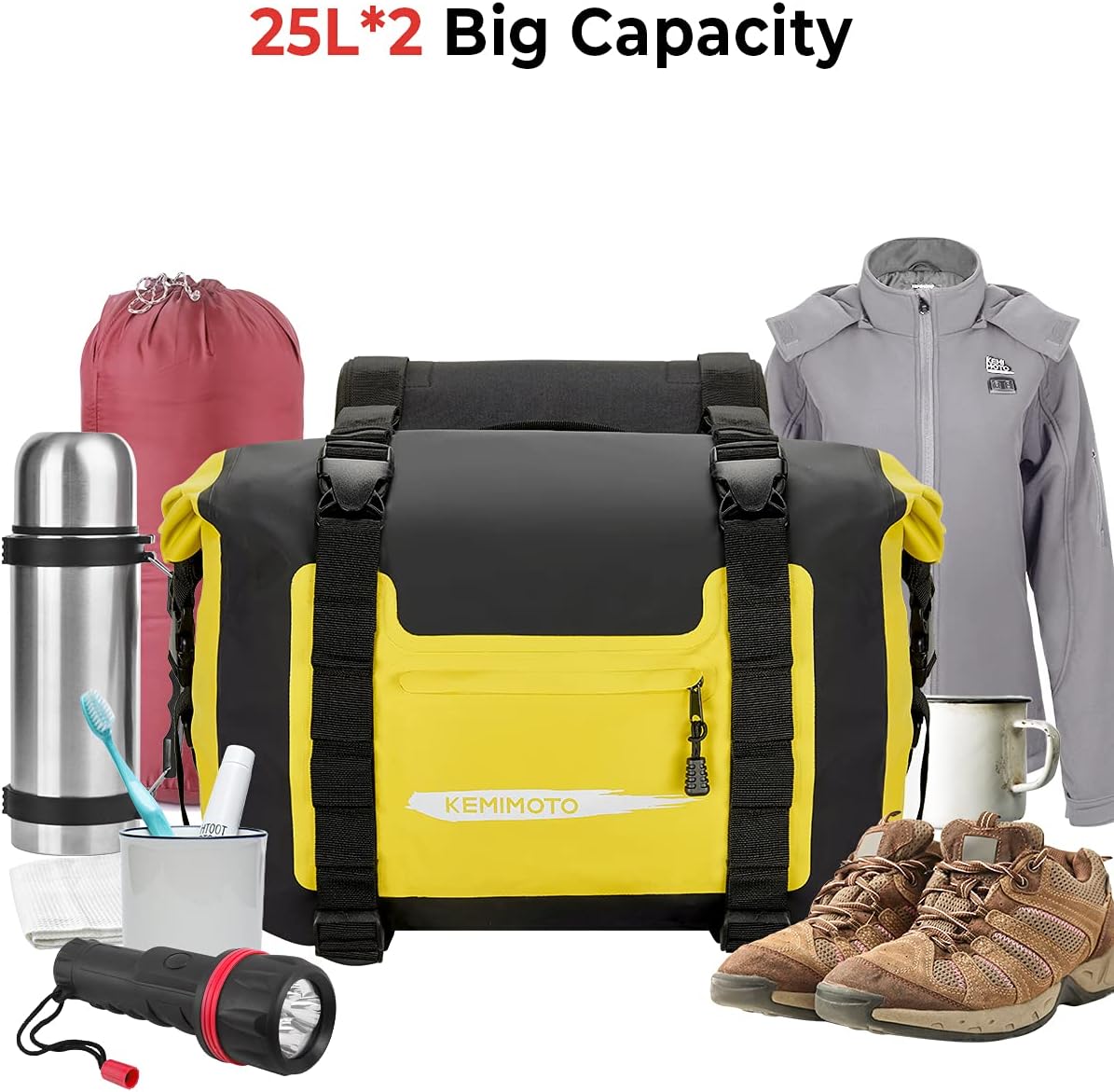 Kemimoto Motorcycle Saddlebags Waterproof 50L PVC Motorcycle Dry Saddle Bags with Hook&Loop Top Closure, Reflective Design(Matte Yellow, 2 pack) : Automotive