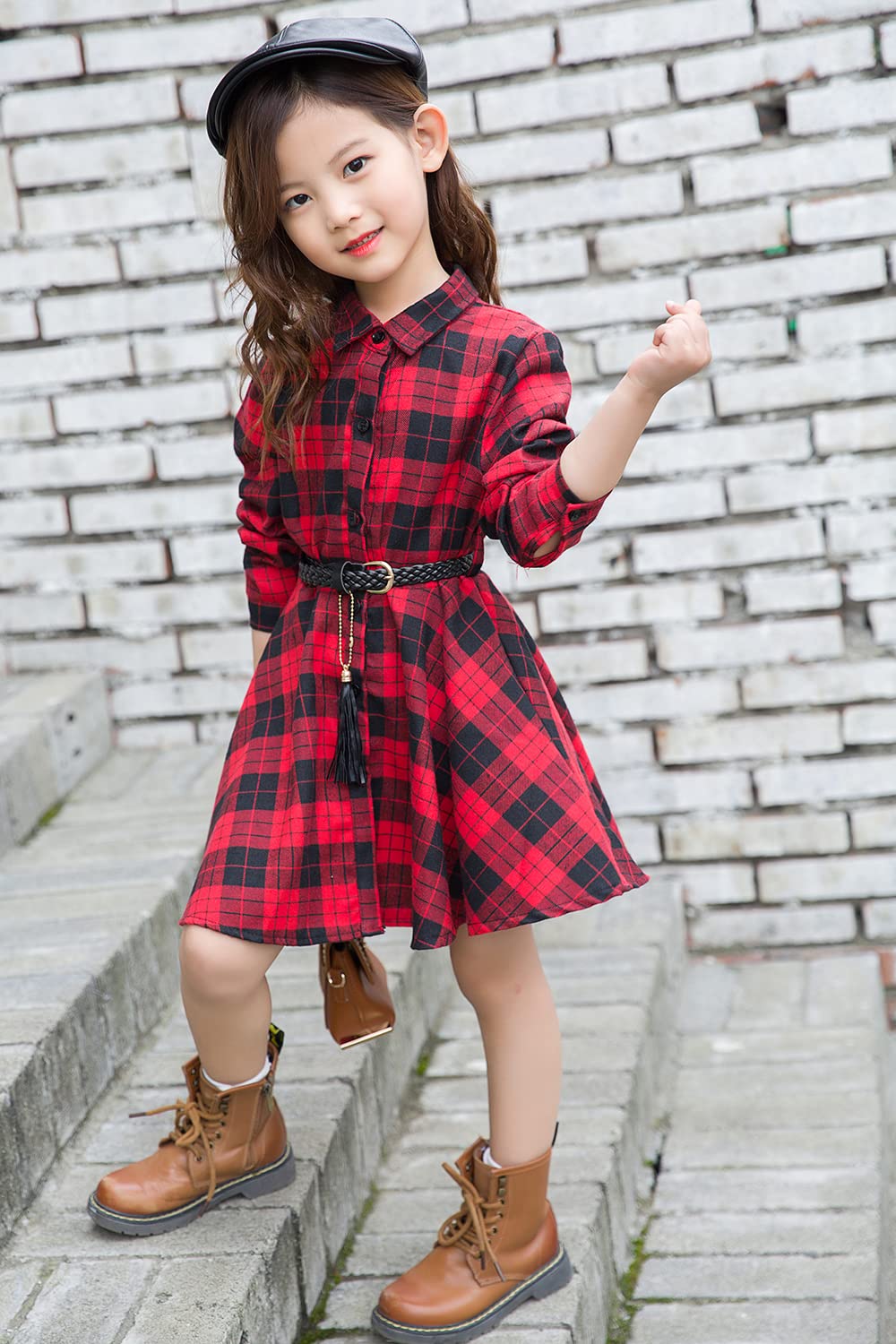 AGQT Blusas Vestido Bebita Traje de Navidad, Vestido de Camisa de Rayas Ropa Casual Manga Larga con cinturón, Talla de Camisa a Cuadros Buffalo Tamaño 3-11T