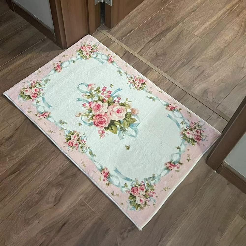 Roses Flowers and Bow-Knot Door Mats Entrance Front Door Rug,Machine Washable Non Slip Romantic Powder Fluffy Fuzzy Soft Area Rug Kitchen Rug 19.6x31.4in