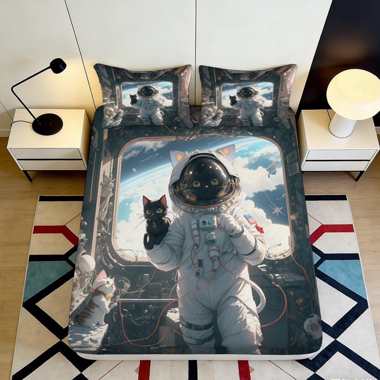 3D Printed Astronaut Space Fitted Sheet Microfiber Soft Breathable Universe Cat Bed Cover for Bedroom Dorm Mattress Decor 90x200x25cm