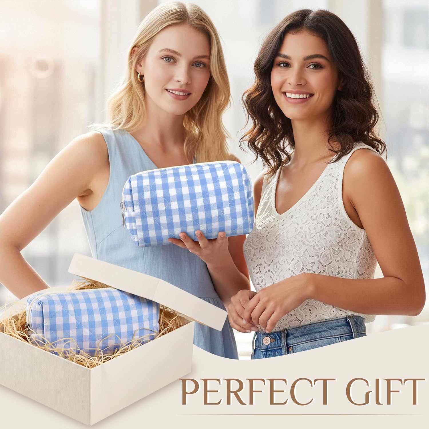 Paterr 6 Pcs Quilted Makeup Bag Bulk Women Girls Wedding Birthday Graduation Bridesmaid Gifts Cotton Bow Floral Cosmetic Bag Cute Coquette Aesthetic Travel Toiletry Pouch(Plaid,Blue)
