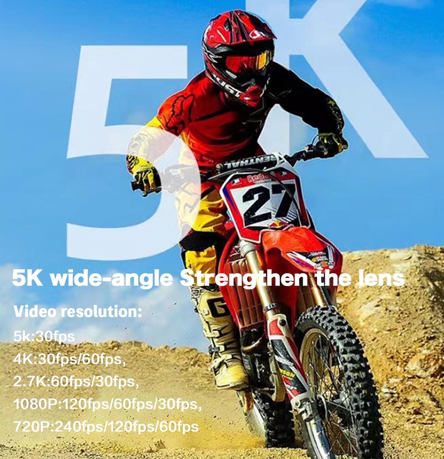Motocross rider with 5K text overlay, indicating high-resolution video