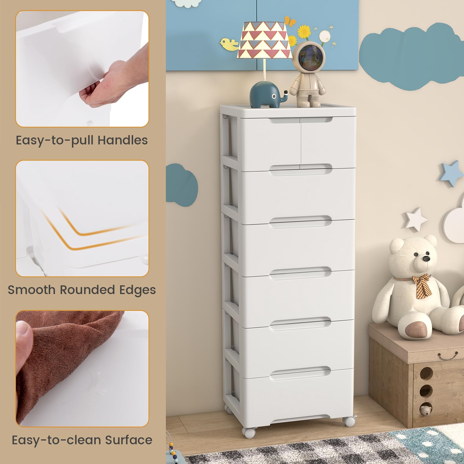 KOMFOTTEU Meuble de Rangement étroite avec Tiroirs, Colonne de Salle de Bain avec 4 roulettes, Commode de Stockage Plastique, Gain de Place (6 Niveaux, 40 x 32 x 114 cm)