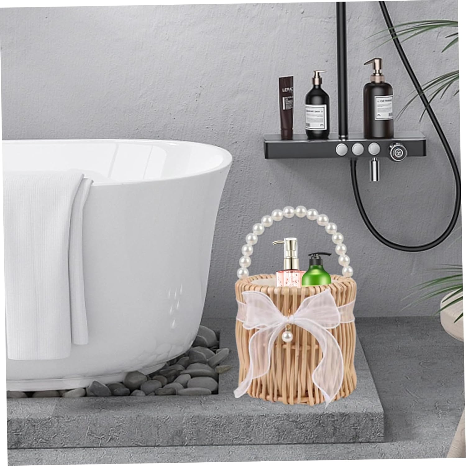 Wicker Rattan Basket with Handle Flower Girl Basket Pearls Willow Woven Baskets for Wedding Home Garden Decoration