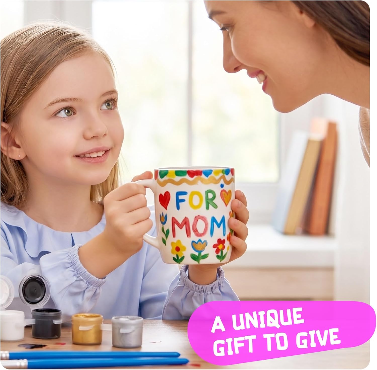 DIY Mug Painting Kit for Kids Adults - Paint Your Own Ceramic Mugs with 2 Mugs, 8 Paints, Brushes & Inspiration Guide, Great Creative Crafts Gift for Halloween, Christmas & Valentine’s Day