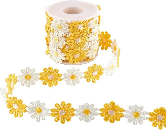 NBEADS 1 Roll 7.5 Yards Flower Lace Edging Trim Ribbon, 25mm Wide Polyester Daisy Ribbon Appliques Sewing Embroidery Crafts for Wedding Dress Hair Band Clothes Decoration, Yellow and White