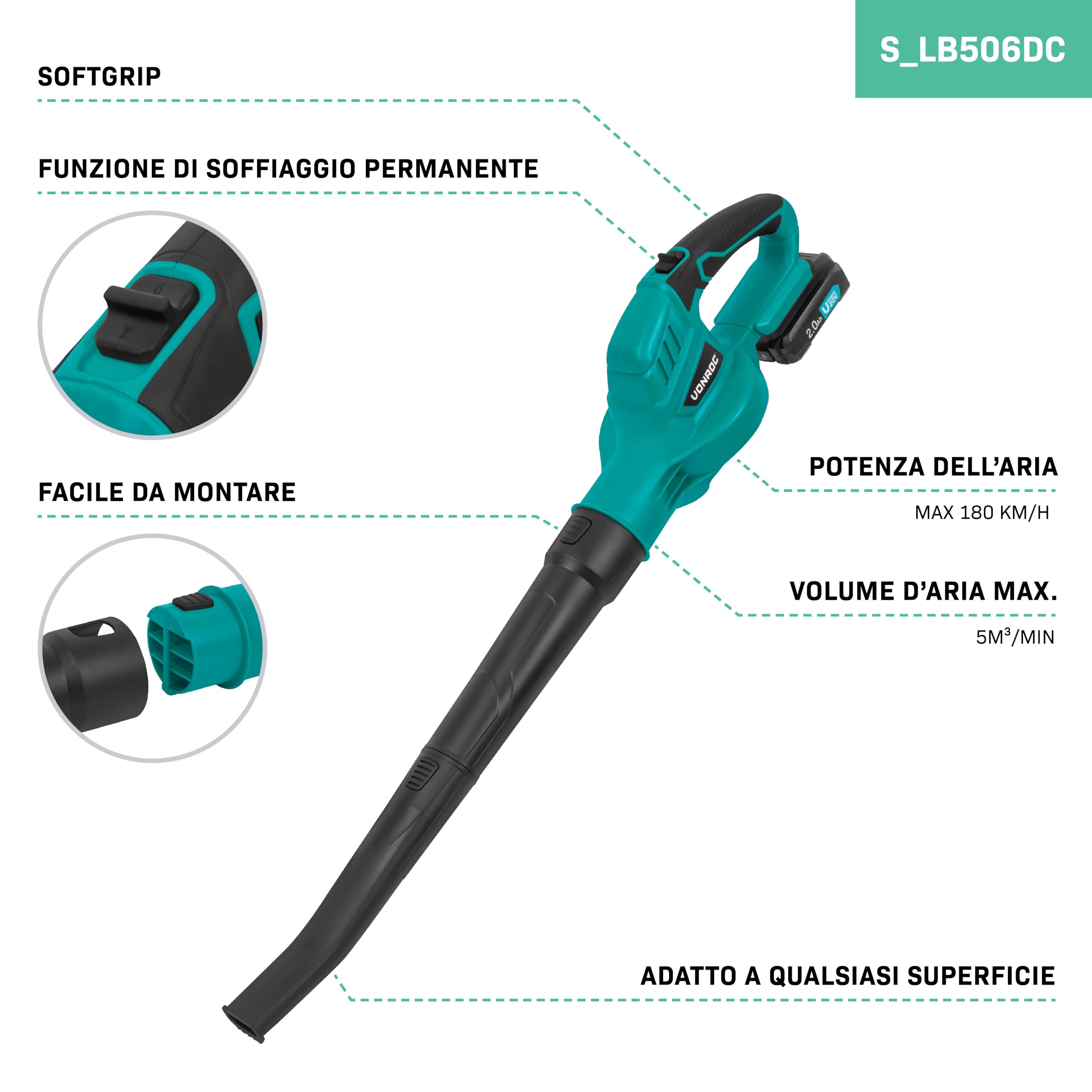 VONROC Soffiatore per Foglie a Batteria 20V - Velocità 180 km/h, Leggero ed Ergonomico, Impugnatura Soft-Grip, Modello 2024