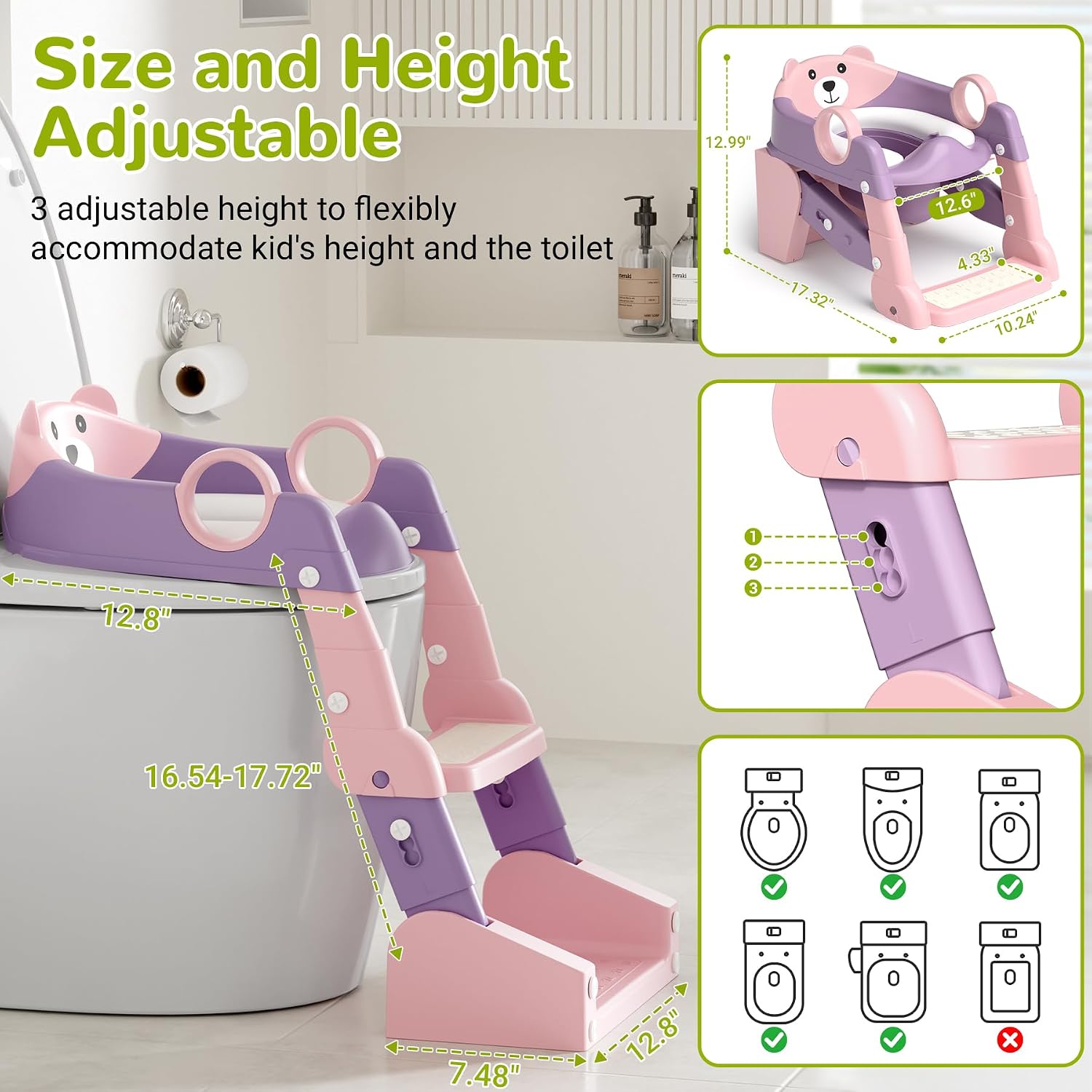 COOSEYA 2-in-1 Potty Training Seat & Potty Chair, Toddler Toilet Seat with Step Stool Ladder, Height Adjustable Foldable Potty Training Toilet for Kids Boys Girls with Splash Guard & Anti-Slip Steps image 3