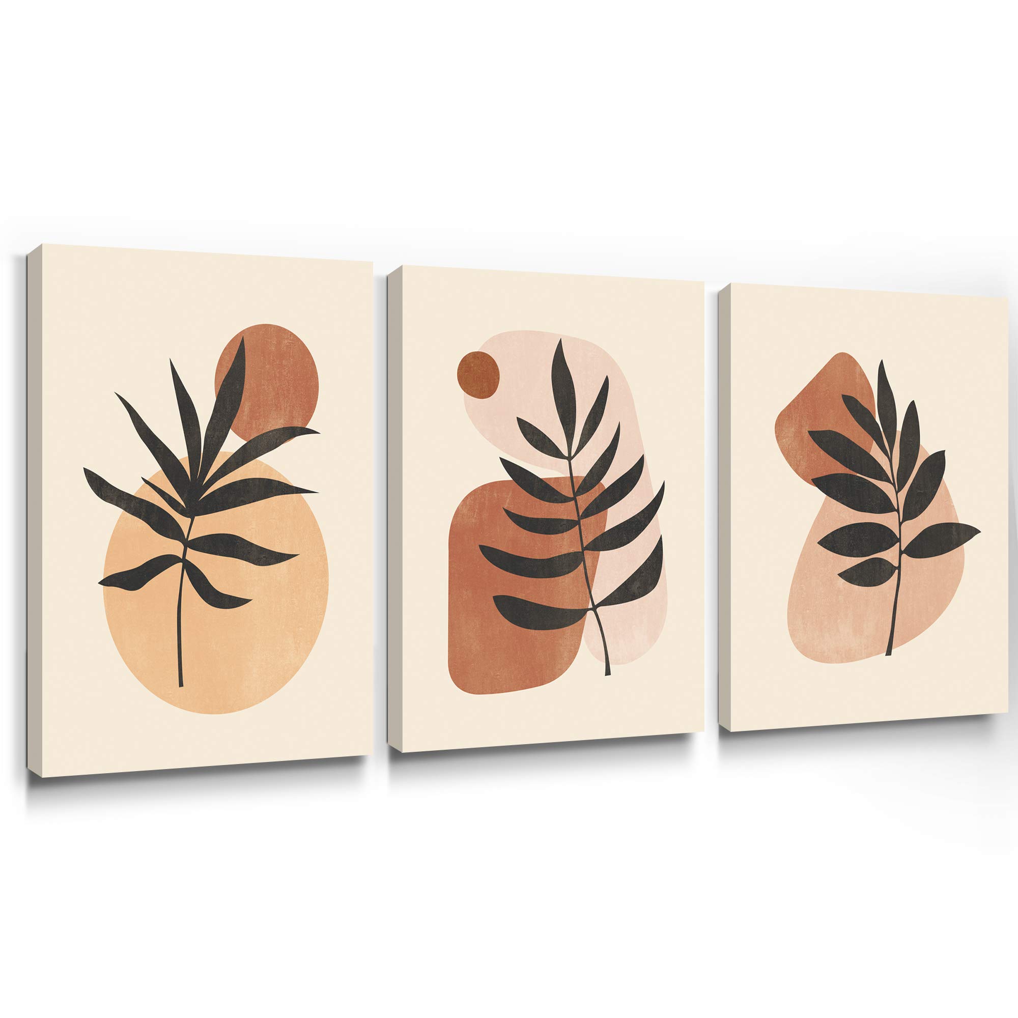 SUMGAR Boho Canvas Pictures Leaf Stone Wall Art Brown Geometric Abstract Painting Minimalist Artwork Framed Modern Prints Botanical Mud Home Decor for Bathroom Living Room Bedroom 30x40cm, 3 Panels