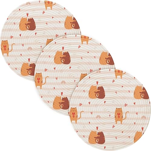 3 Pcs Large Trivet Cute Hugging Cats and A Cat Holding A Heart for Hot Pots and Pans 15in Cotton Thread Weave Heat Resistant Mat for Hot Pot Spoon