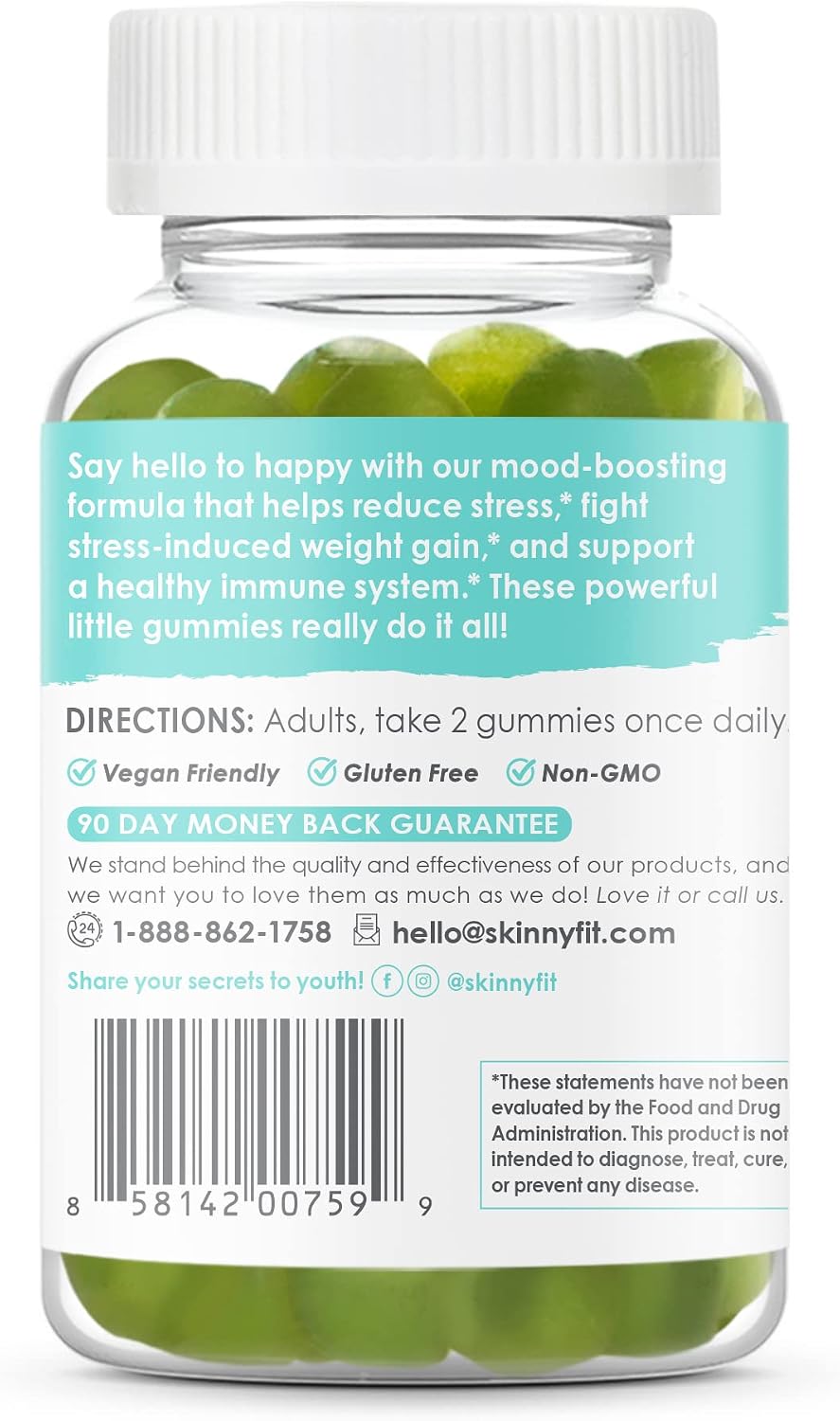SkinnyFit Happy Gummies Ashwagandha Gummies w/Vitamin D, Improve Mood, Immune Support, Vegan-Friendly, Gluten-Free, Non-GMO