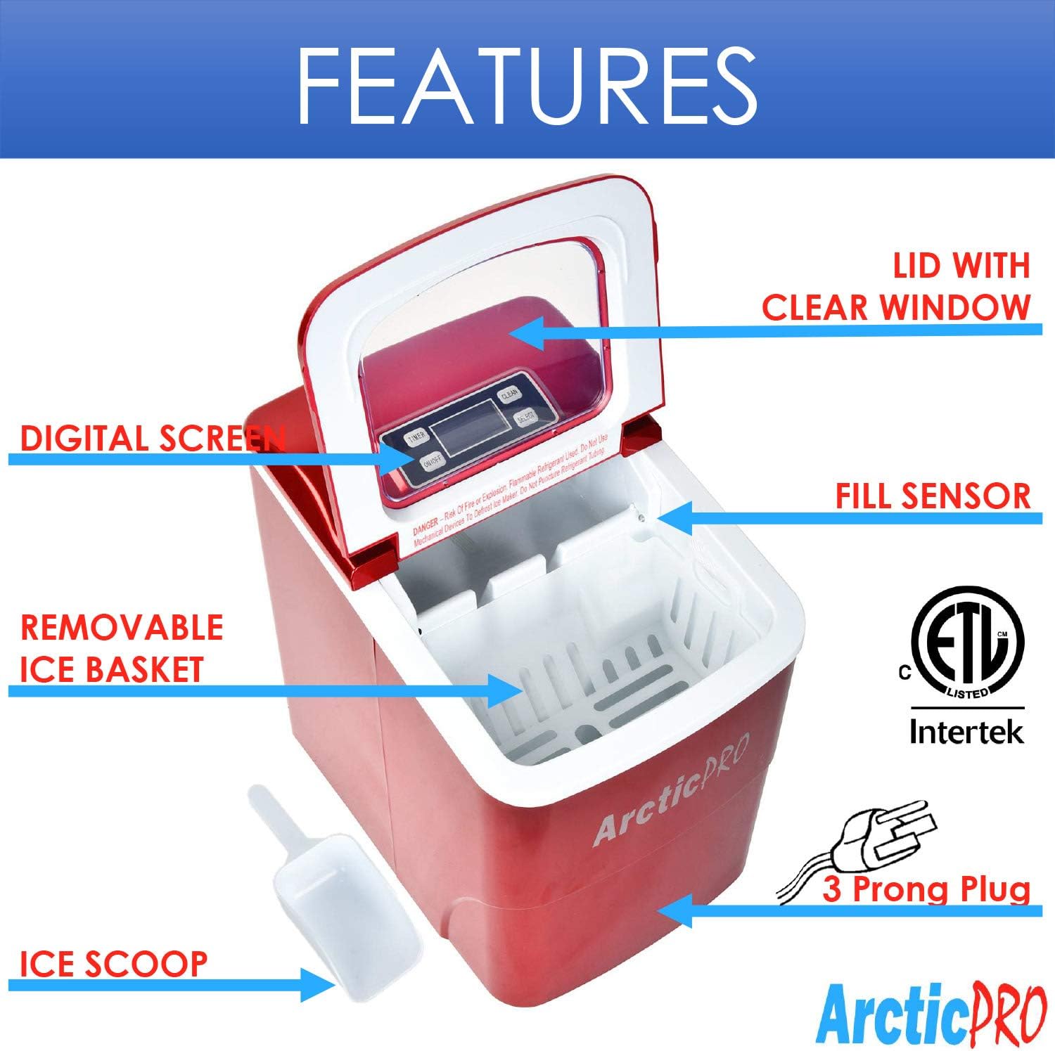 Diagram illustrating the two available ice cube sizes: Small (0.75x0.75 inches) and Large (1x0.75 inches).