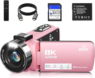 8K Camcorder Video Camera 80MP WiFi Cam corder for YouTube Vlogging | 3" 270° Flip Touchscreen 18X Digital Zoom Camera Recorder with 32GB SD Card, Batteries, Remote Control & Carrying Case