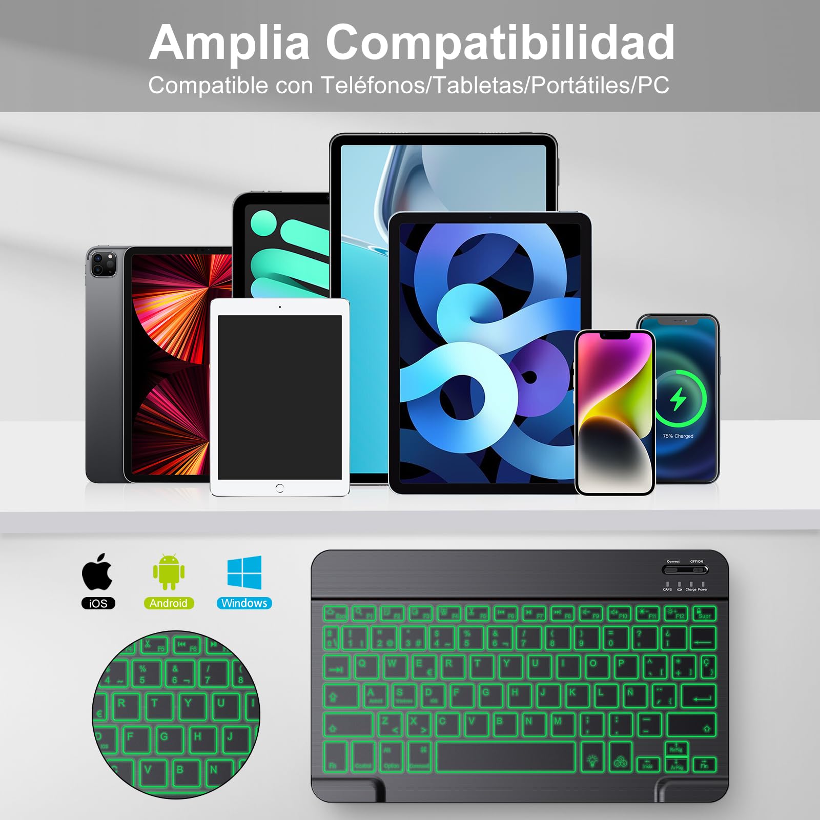 TECURS Set Tastiera e Mouse Wireless Bluetooth, Tastiera e Mouse Portatile Sottile Silenziosa Ricaricabile Retroilluminata per iPad Tablet/PC/iOS/Android/Windows (ES Layout - QWERTY)