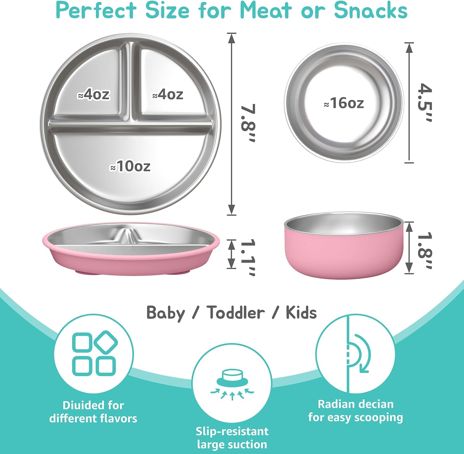 NUTIKAS Toddler Plates and Bowls Set with Lids - Suction Divided Stainless Steel Kids Plates with Dividers Silicone Baby Dishes (4 Pack Sets)